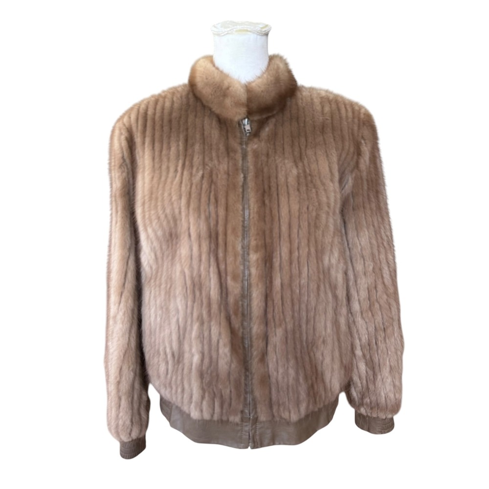 Vintage Reversible Mink Fur and Leather Bomber Jacket Tan Brown Size Large Korea